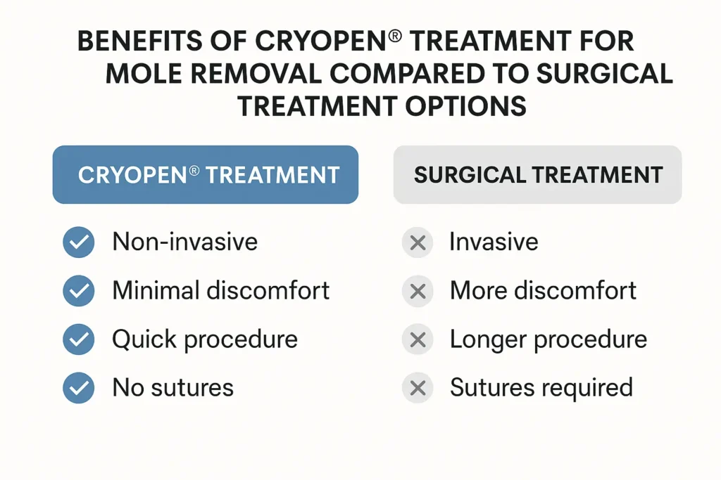 Table to show the benefits of getting moles removed Bexley from LA LIPO