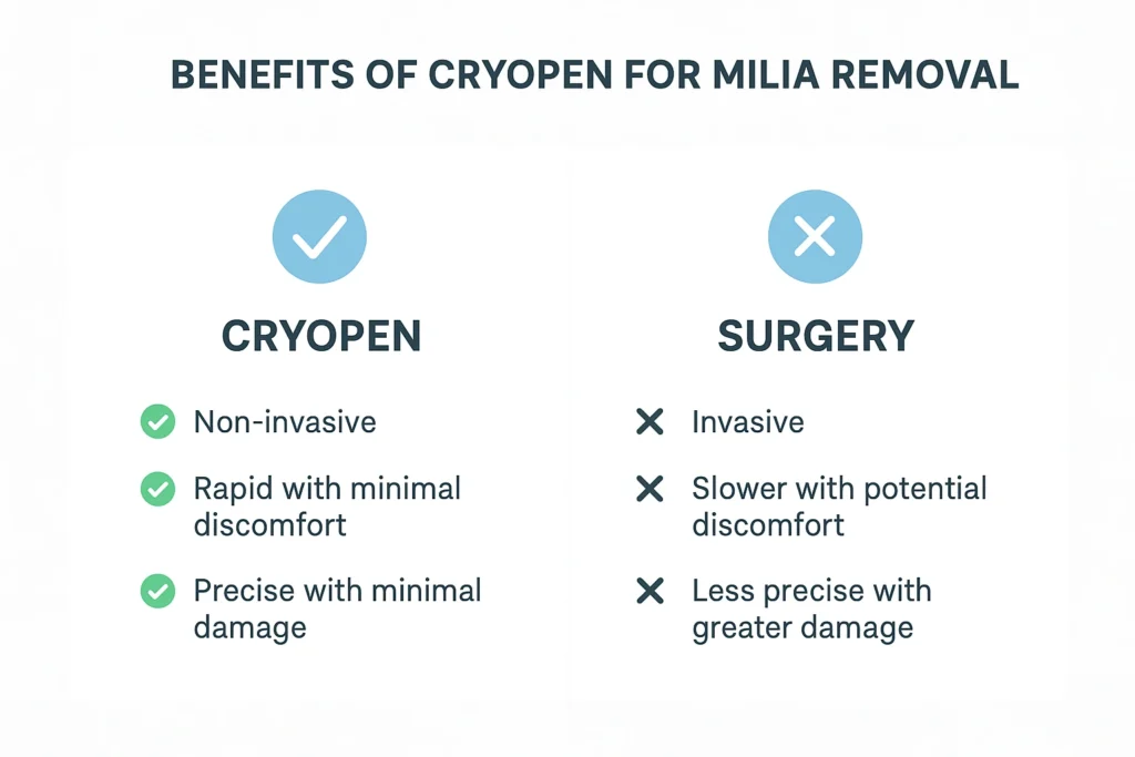 Benefits of cryopen for milia removal Bexley compared to surgical treatments.
