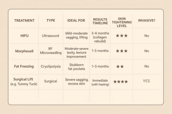 Table showing the comparisons of Skin tightening Bexley treatment options. 